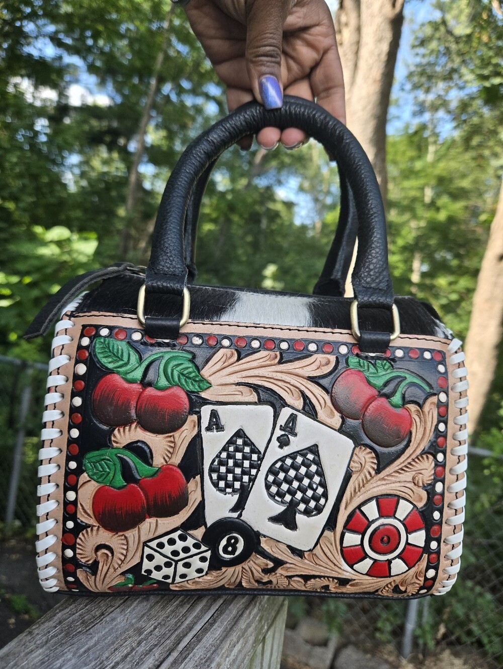 Aces Poker Hand-Painted Genuine Leather Satchel Bag NWOT